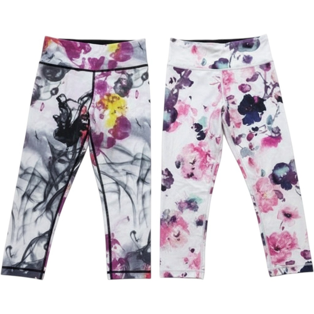 Lululemon Wunder Under Crop Leggings Sz 4 Bundle Colorful Floral Smoke 2 Pairs